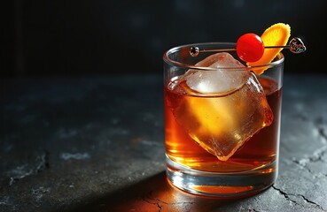 Close-up of amber old fashioned cocktail with bourbon whiskey ice cube, cherry on gold pick. Rich liquid sits in clear glass, creating sophisticated drink scene. Image represents luxury relaxation,