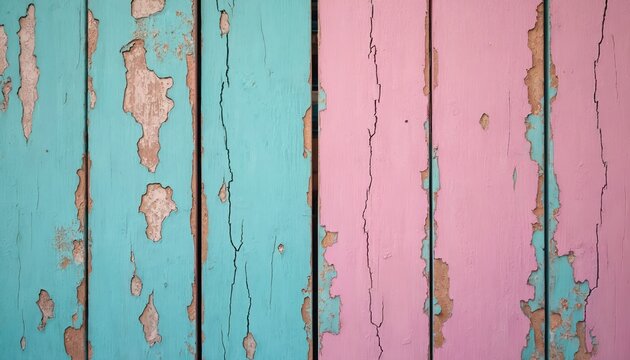 Old wooden planks show peeling pink and teal paint revealing rough texture underneath. Vertical lines and cracks form a rustic aged pattern. The surface offers a vintage feel.