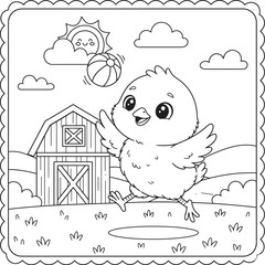 Cute baby chick playing with a ball on the farm – fun spring coloring page for 
