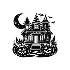 Haunted Halloween House Silhouette with Spooky Trees and Bats