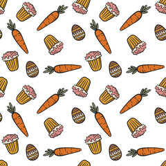 Seamless Easter pattern with carrots, cupcakes and decorated eggs. Fun holiday design ideal for textiles, packaging, wrapping paper, crafts, kids products and festive stationery.
