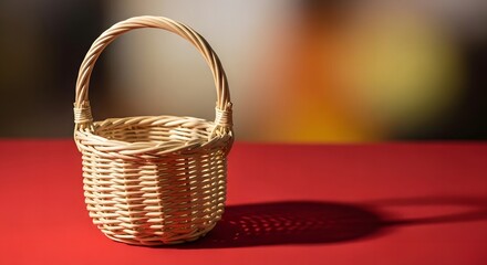 Small woven wicker basket with handle on a red surface with blurred background