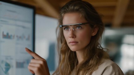 Social media manager wearing AR glasses while selecting viral content and analyzing engagement data on interactive digital charts, representing augmented reality in social media management, - Powered by Adobe