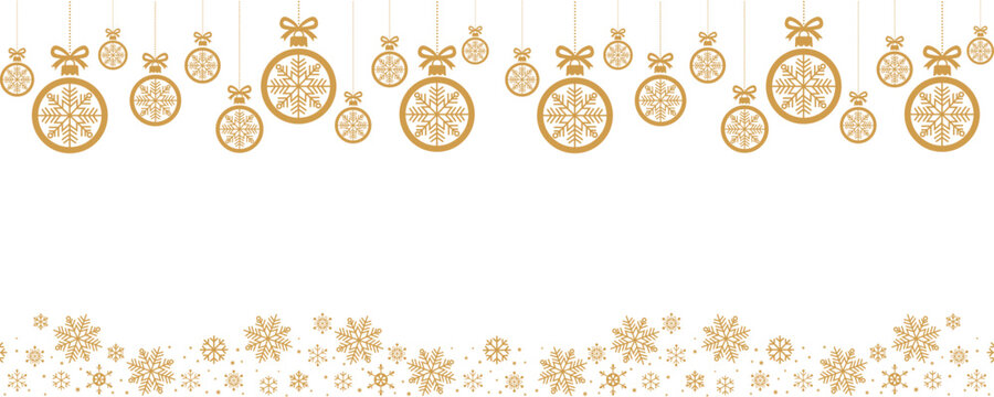 Elegant white Christmas banner template with a border of hanging gold/copper ornaments decorated with snowflakes on top, and a decorative snowflake border along the bottom. Provides ample white space 