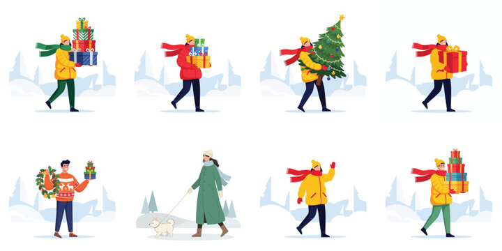 Collection of diverse people carrying Christmas gifts and festive items in a snowy winter landscape vector illustration set.