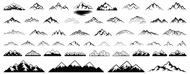 Mountain ridge with many peaks set, mountain silhouette, clean vector set ideal for hiking maps, outdoor scenery visuals, environmental illustrations, and adventure tourism graphics.