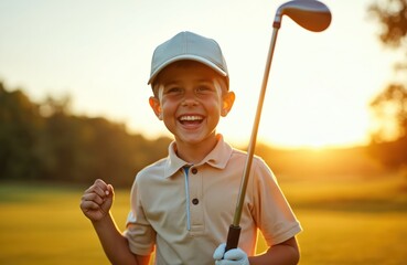 Happy child plays golf on green course at beautiful sunset. Excited little boy golfer celebrates success holding club, clenching fist. Cheerful kid enjoys outdoor sport activity on sunny summer