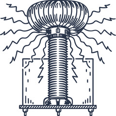 coil emitting electrical discharges high voltage device, vintage invention, science experiment illustration