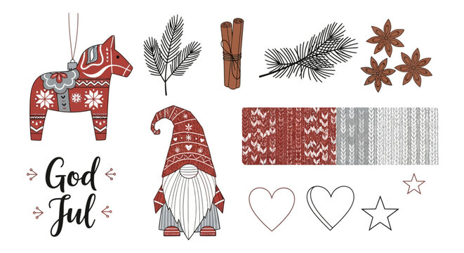 Elegant Scandinavian Hygge Christmas Vector Collection - Dala Horse and Nordic Folk Art Elements