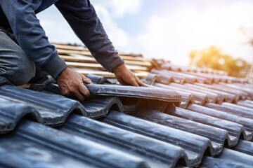 Roofer installing new tile roof with blue sky, sun flare, and construction.