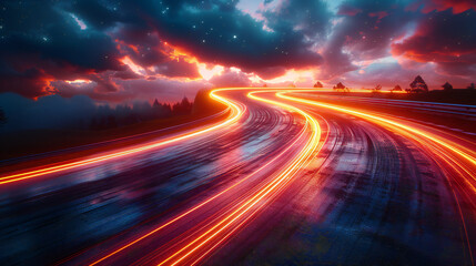 Obraz premium Flickering LED Sports Lighting on a Twinkling City-Night Race Track with Foggy Ambience and Shadow Effects, Perfect for Racing or Sport Car Photography
