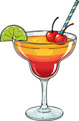 Vector Illustration of Tequila Sunrise Cocktail in Margarita Glass with Lime Slice, Cherries, and Striped Straw – Gradient Summer Drink Art
