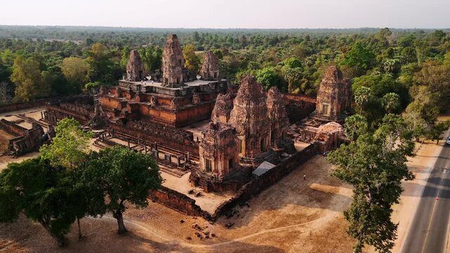 Ancient pre rup temple near angkor wat in cambodia, Aerial view. Majestic hindu architecture surrounded by lush green jungle.
