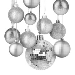 Obraz premium Shiny disco ball among Christmas ornaments on white background