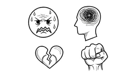 Obraz premium Expressive hand drawn symbols of stress, anxiety, and anger in black and white