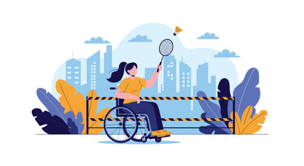 Obraz premium A determined female athlete in a wheelchair skillfully returns a badminton shuttlecock against a vibrant cityscape backdrop, showcasing inclusivity and sportsmanship.