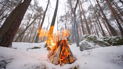 Beautiful Crackling Campfire in the Winter Spruce Forest , Authentic Place
