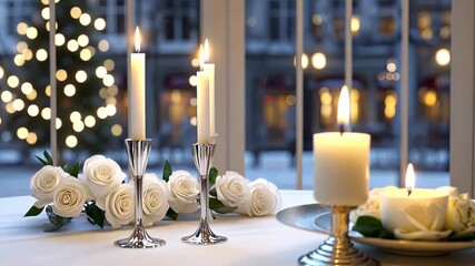 Enjoy a romantic atmosphere with candlelight, fresh white roses, and soft glowing lights creating a warm evening mood - Powered by Adobe