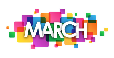 MARCH typography banner on colorful overlapping squares on transparent background