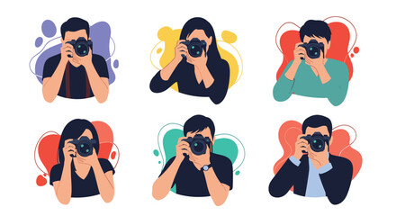 Diverse group of photographers capturing moments with professional cameras, showcasing passion and creativity in a modern, artistic style.