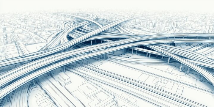 Construction infrastructure tunnel blueprint concept. Complex highway interchange aerial view with intricate road patterns.