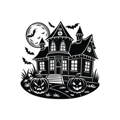 Naklejka premium Haunted Halloween House Silhouette with Spooky Trees and Bats