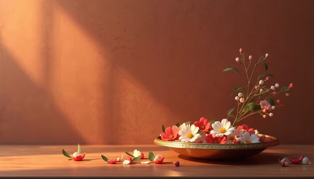 Golden plate holds red and white blossoms with green stems reaching skyward. Small petals scattered across wood surface, warm light catches.