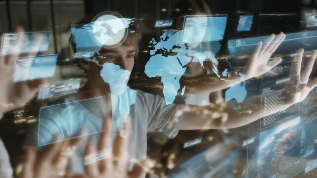 Wide-angle shot of distributed team interacting in a shared virtual environment, generating ideas and tracking KPIs holographically, symbolizing next-generation remote collaboration, virtual