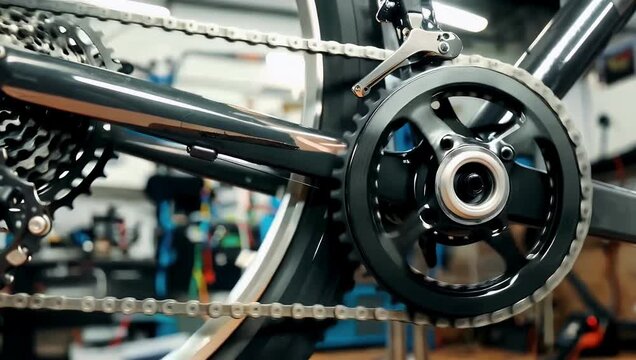 Close up bicycle crankset and chainring in a workshop with focus on drivetrain components