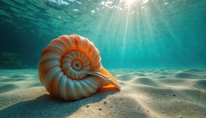 Underwater view of nautilus seashell on sand. Sun rays penetrate sea surface. The chambered shell shows spiral shape and intricate details. Concept for sea life and mathematical beauty of nature.