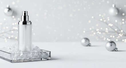 Christmas tree decorations with a glass perfume bottle and white cosmetic care on a transparent background