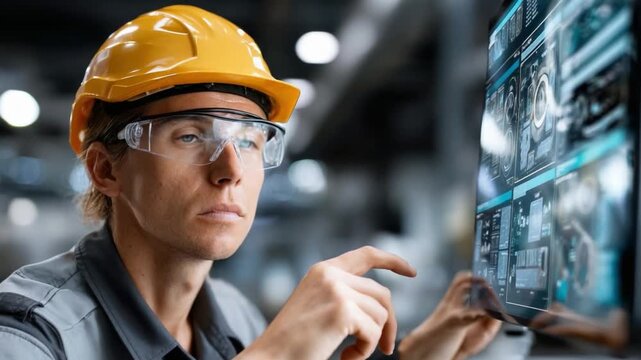 Tech-Savvy Technician: A focused technician wearing protective gear meticulously interacts with a futuristic digital interface, showcasing a blend of technological prowess and operational precision. 