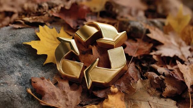 Recycle Symbol on Autumn Leaves: a glimmering golden recycle symbol rests amidst a colorful array of fallen autumn leaves on the forest floor.