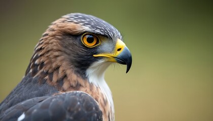 Obraz premium Close-up portrait of goshawk intense eye contact. Adult raptor displays rich brown plumage, sharp yellow beak. Majestic bird of prey sits perched on branch in natural habitat. Embodies power, wild