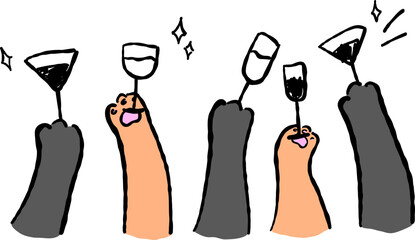Hand Drawn Cat Holding Champagne, Wine Glass © Chawal