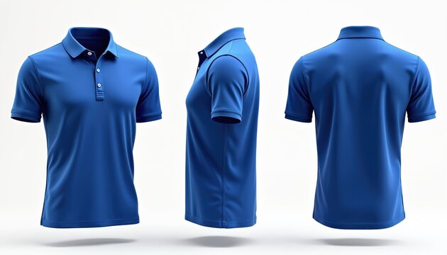 Blue polo shirt shown from front side and back. Versatile apparel template for design mockups. Casual garment ideal for branding presentations and catalogs.