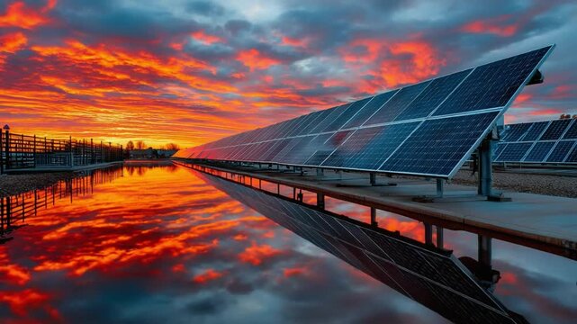 Solar Panels: An impressive row of solar panels gracefully reflecting the vibrant colors of a breathtaking sunset sky, creating a scene of sustainable energy.