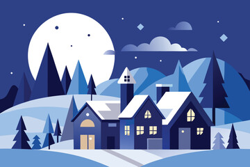 Fototapeta premium Winter Snowy Cityscape Illustration with Blue Houses