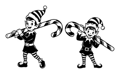 two retro christmas elves carrying a large candy cane vector