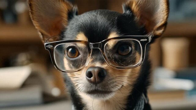 Smart Pup: A clever chihuahua wearing glasses stares intently, exuding intellect and charm. Capturing the essence of a bookish canine, this image invites viewers to admire this intelligent breed.