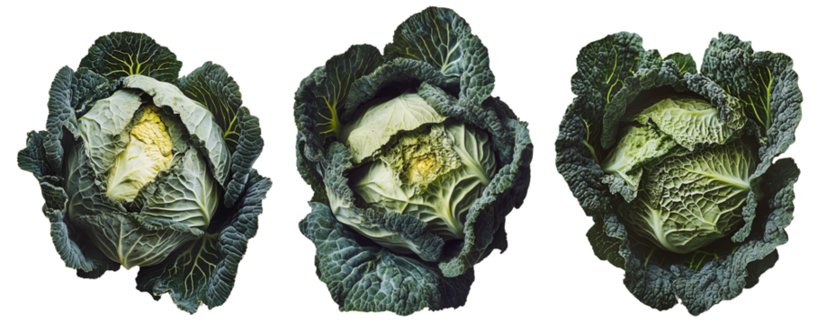 Whole green cabbage with vibrant outer leaves isolated on a transparent background. Fresh and organic vegetable concept, healthy food ingredient