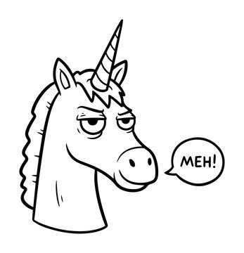 grumpy unicorn saying meh funny cartoon character illustration