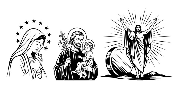 christian religious vector set virgin mary saint joseph jesus