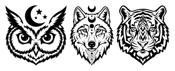 mystical owl wolf and tiger heads celestial totem vector set © Aisha Kudorova