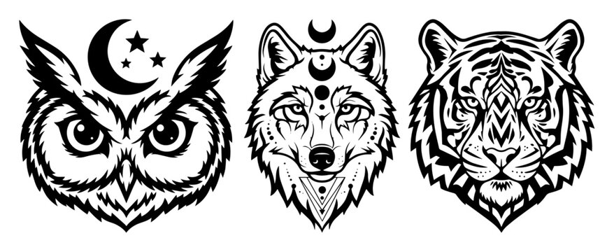 mystical owl wolf and tiger heads celestial totem vector set