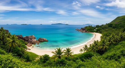 Fototapeta premium Breathtaking panoramic view of a secluded tropical beach with turquoise water, lush vegetation, and dramatic rock formations on a sunny day