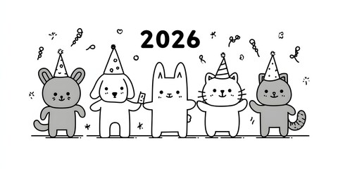 Happy New Year 2026 banner and cute animals, New Year greeting cards for kids.