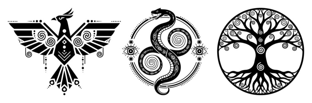 mythical symbols set with phoenix snake and tree of life vector
