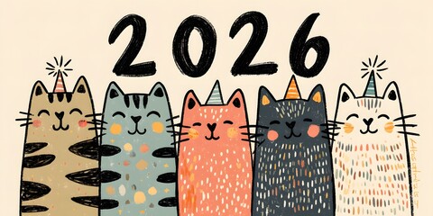 Happy New Year 2026 banner and cute cat, New Year greeting card for kids.