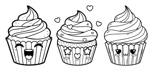 cute kawaii cupcakes cartoon characters set